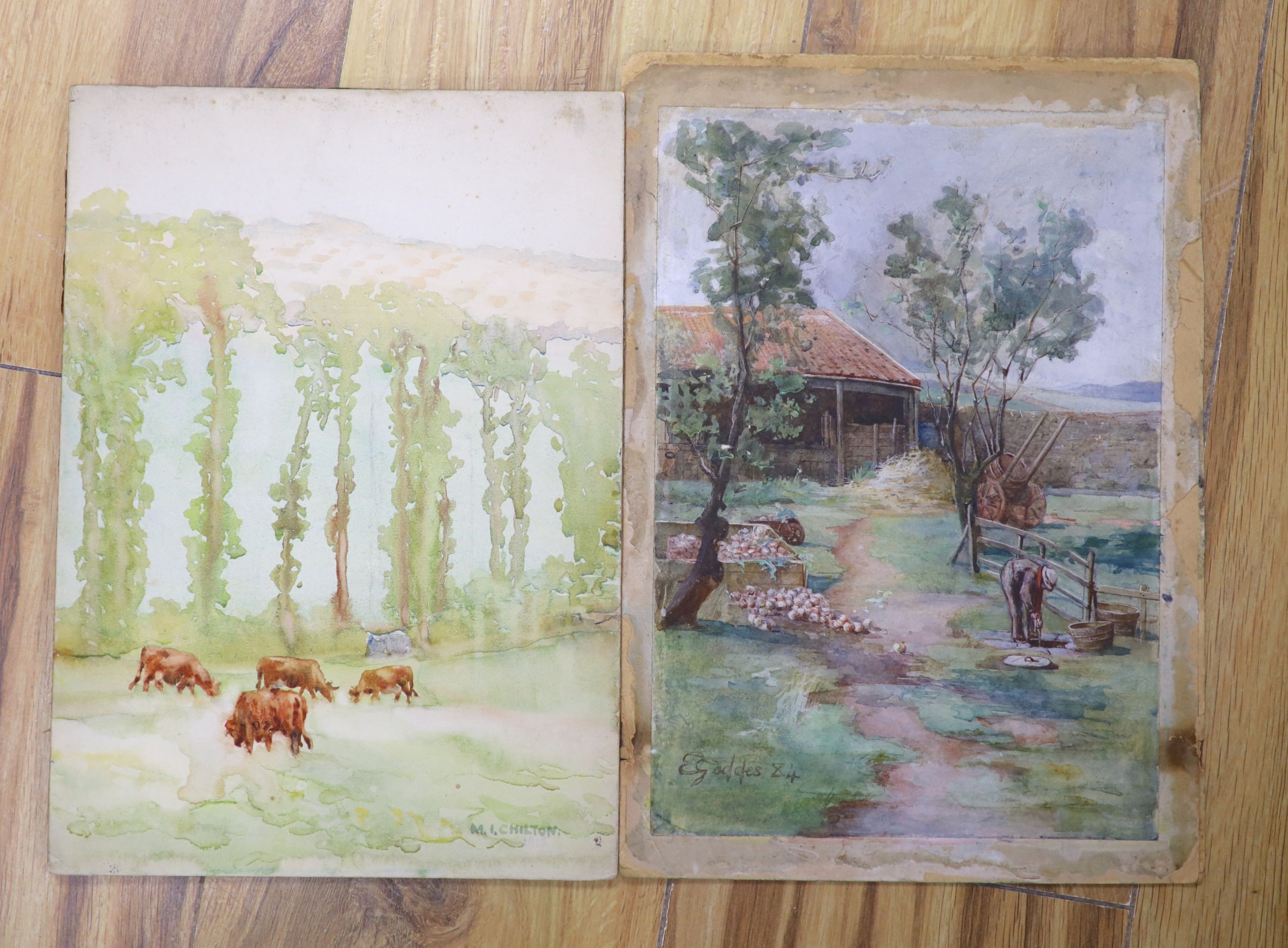 Two small unframed watercolours; Margaret Isabel Chilton ‘Cornish Elms’ and E.Gaddes, farmer beside a well, 27 x 19cm.